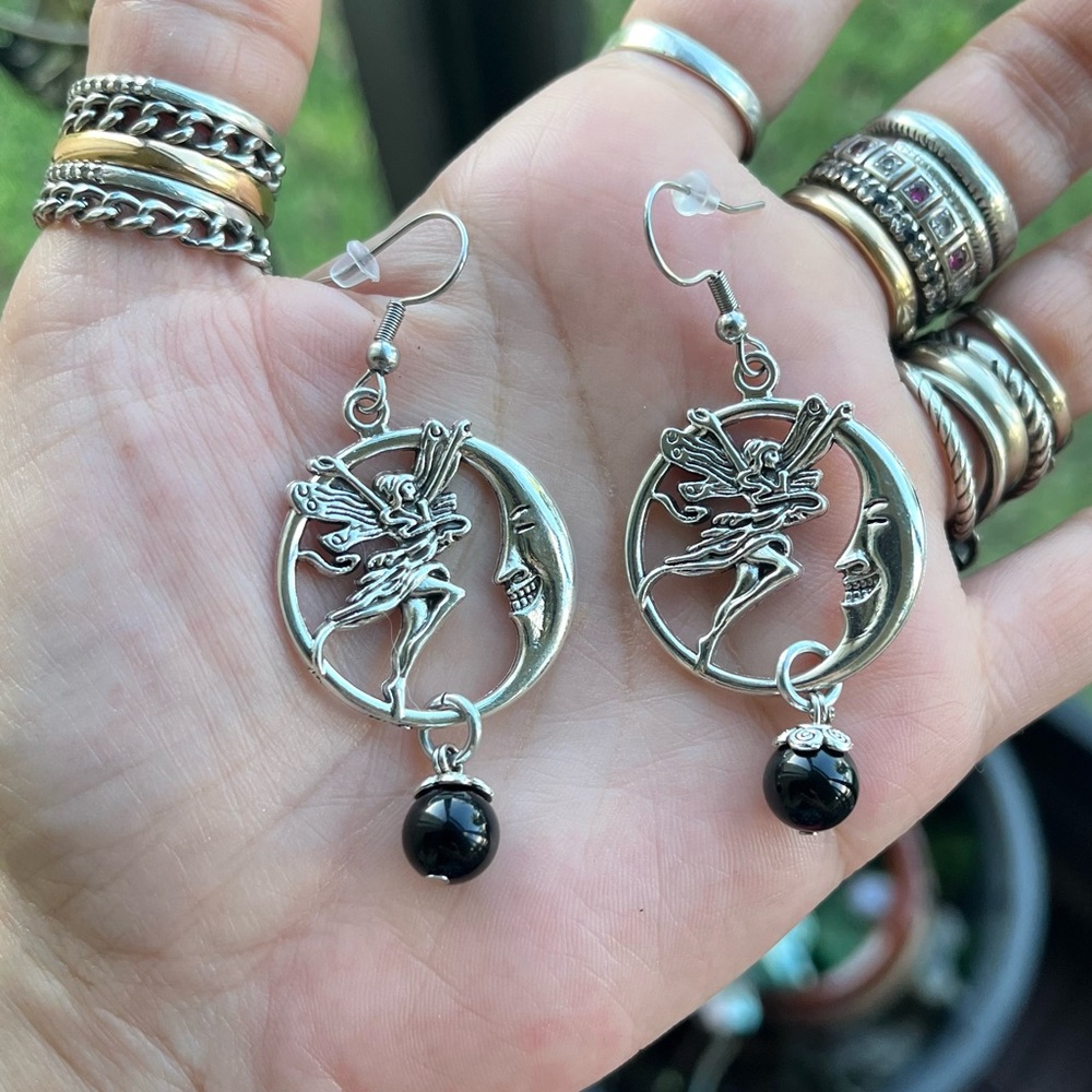 Set ! Fairy & moon dangly onyx gemstones beads necklace + matching earrings boho - Picture 9 of 12